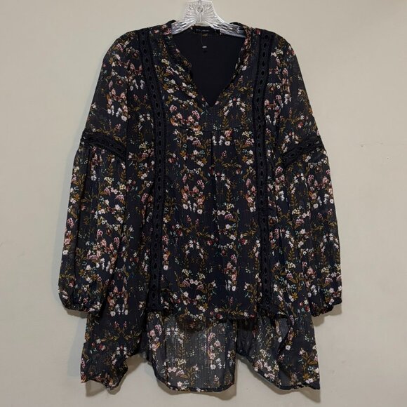 Blu Pepper Tops - Blu Pepper Tunic Black Floral Stripe Long Sleeve Hi Lo Lined Shirt Top Medium